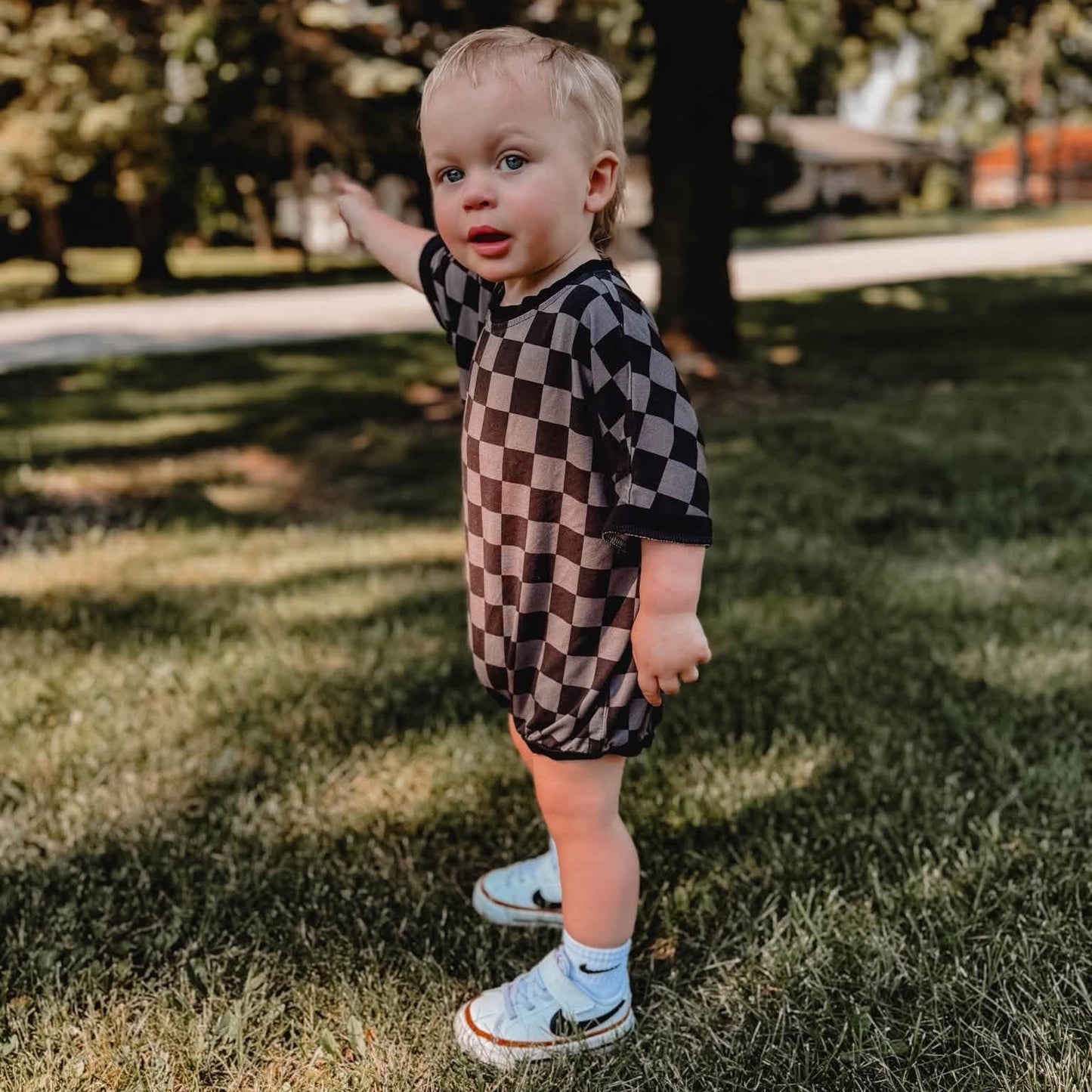 Midnight Checks Oversized Bubble Romper