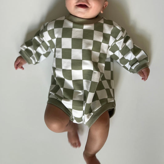 Long Sleeve Green Checkered Romper